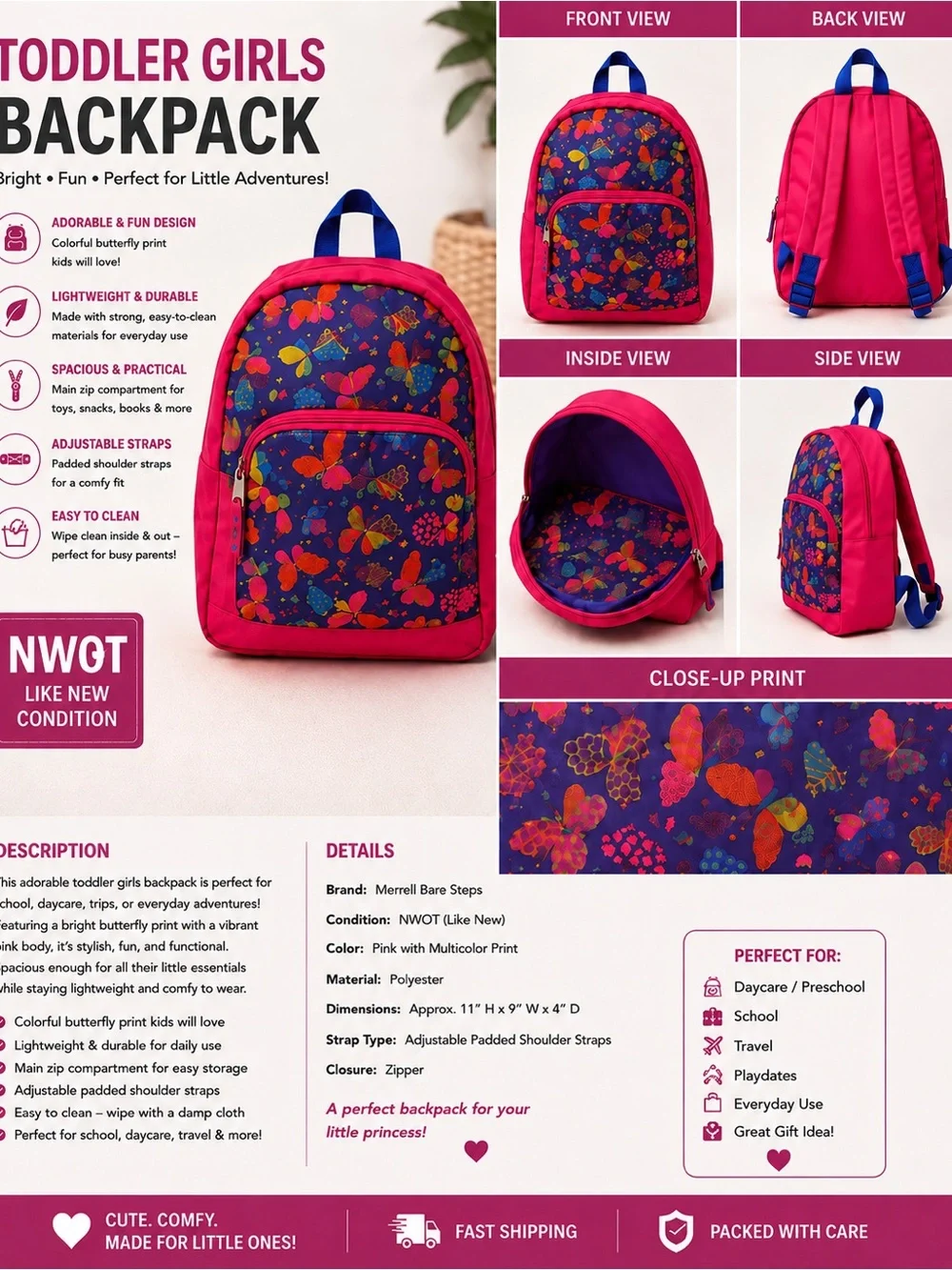 Toddler Girls Butterfly Backpack - Pink with Multicolor Print